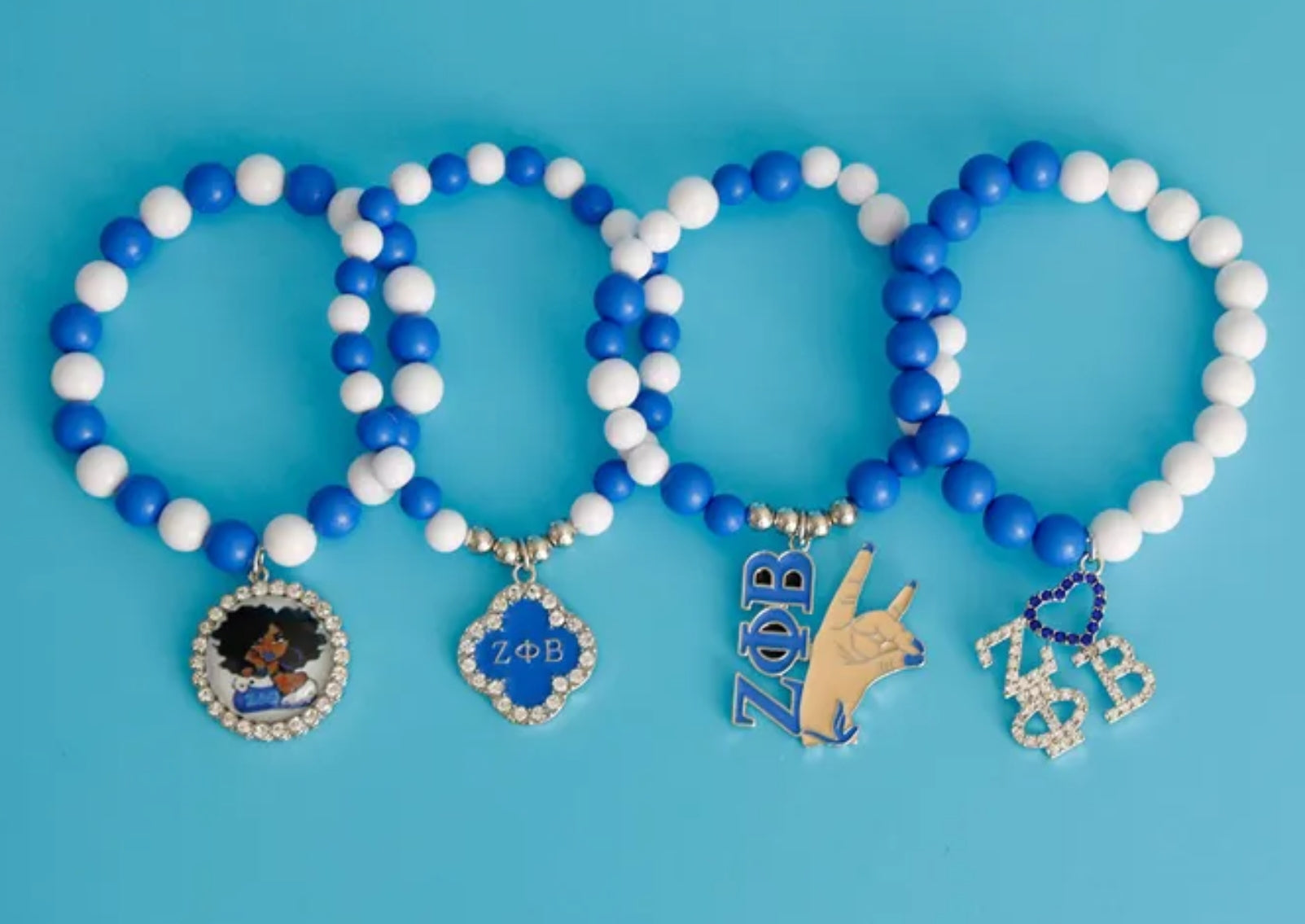 Blue and White Beaded Charm Bracelet Set