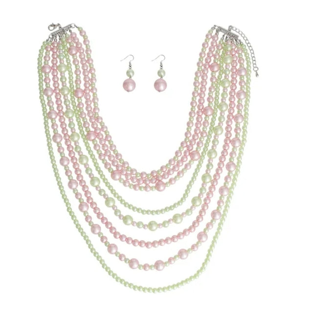 Pink and Green 8 Strands Necklace Set