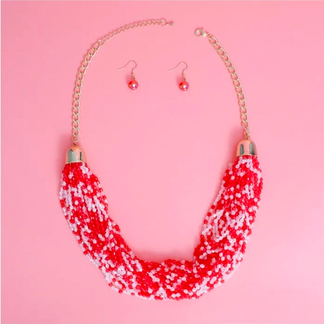 Red & White 34 Strand Bead Necklace Set