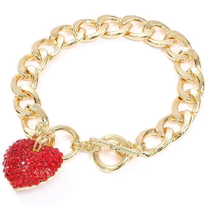 Gold Red Rhinestone Heart Bracelet