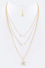 Gold and Silver Crystal Starfish & Pearl Layer Necklace Set Style