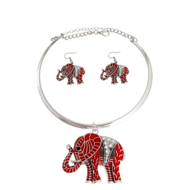 Red Elephant Pendant Necklace Set