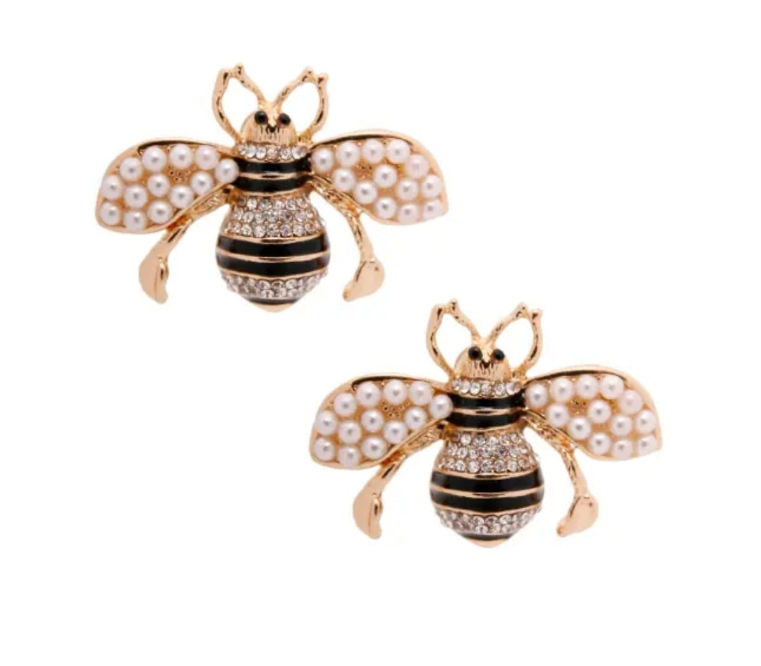 Pearl and Bling Bee Stud Earrings