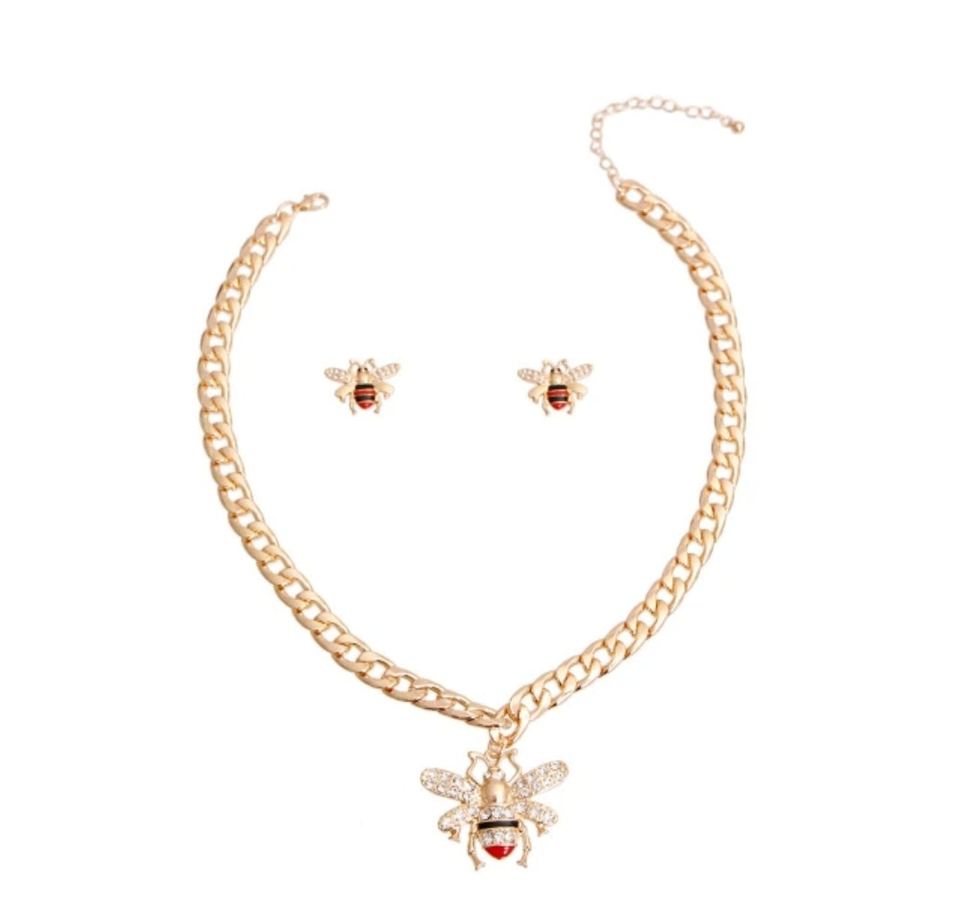Gold Red Stripe Bee Necklace Set
