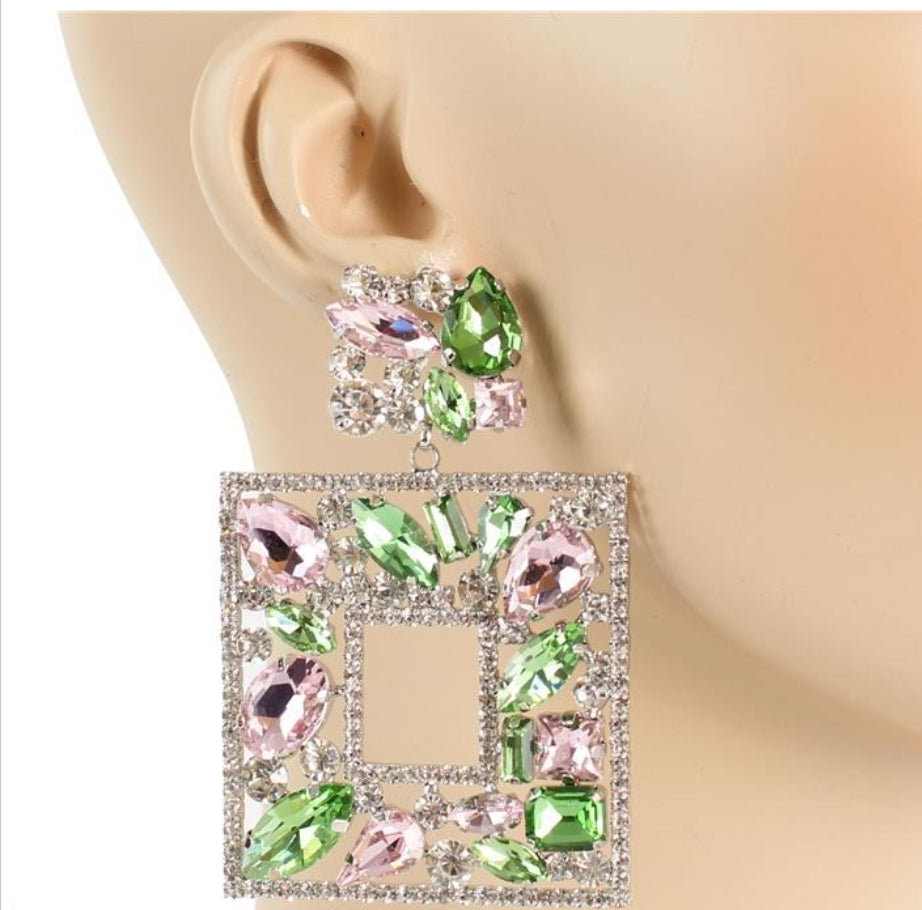 Pink and Green Square Jewel Earring