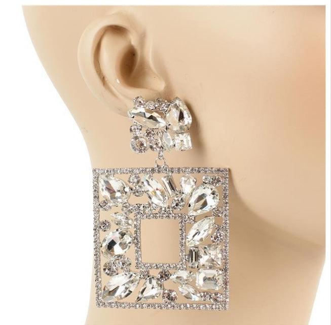 Clear and Silver Square Jewel Earring